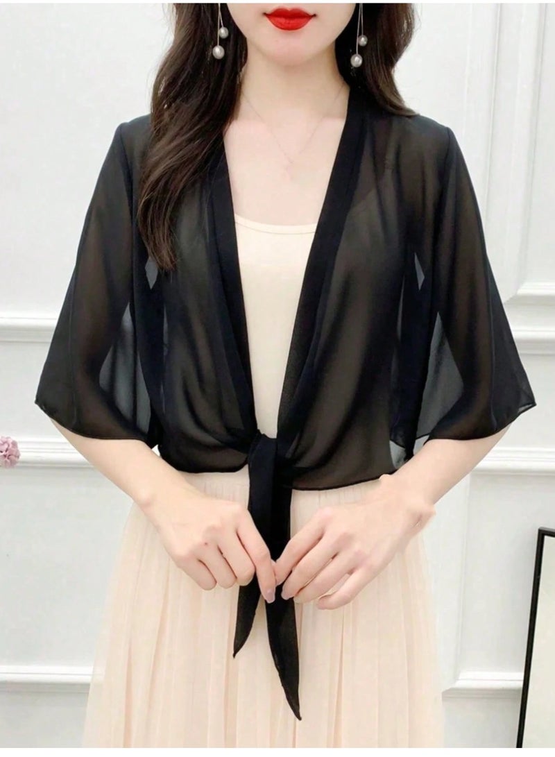 Shein 1pc Chiffon Shawl Cover Up For Women, Short Lightweight Shrug For Spring/Summer, Versatile Beach Cover Up, Sun Protection - Image 2